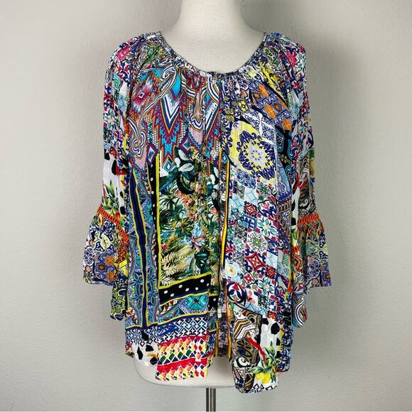Shana Multicolor Geometric Floral  Flared Sleeve Button Front NWT Silk Top  Med - Picture 2 of 9